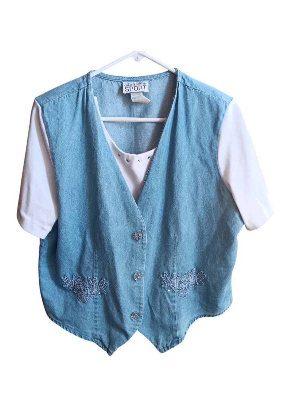 Large Vtg Jaclyn Smith Sport Denim Vest Tee Insert Embroidered Beaded Buttons